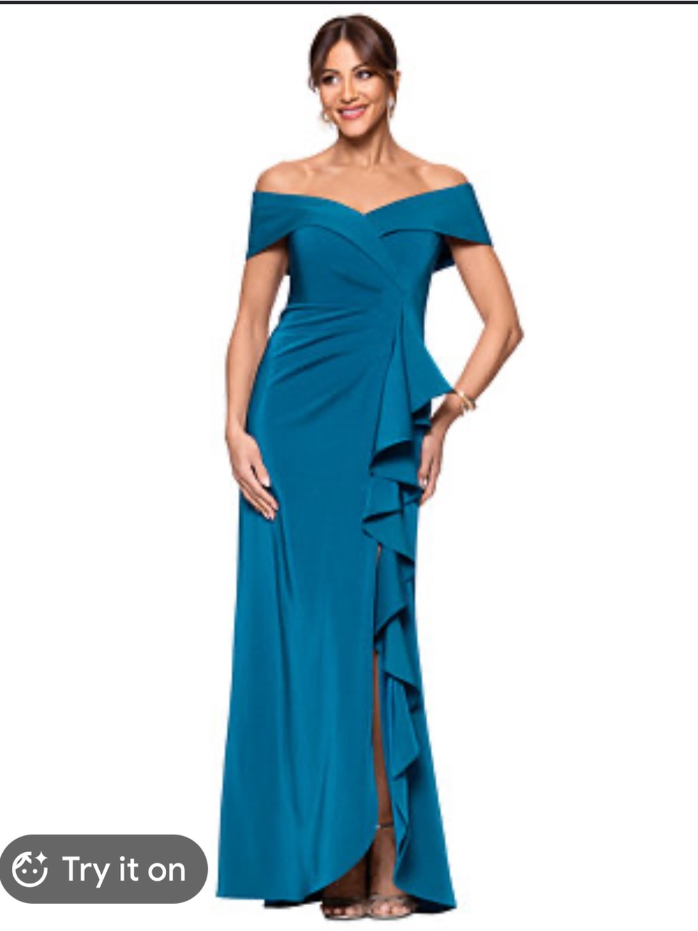Xscape Teal One-Shoulder Ruffle Evening Gown